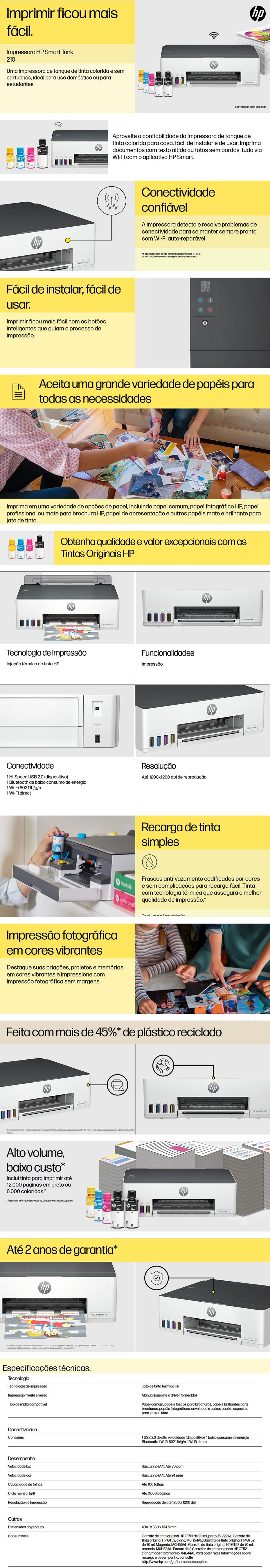 Impressora Tanque de Tinta Smart Tank 210 HP