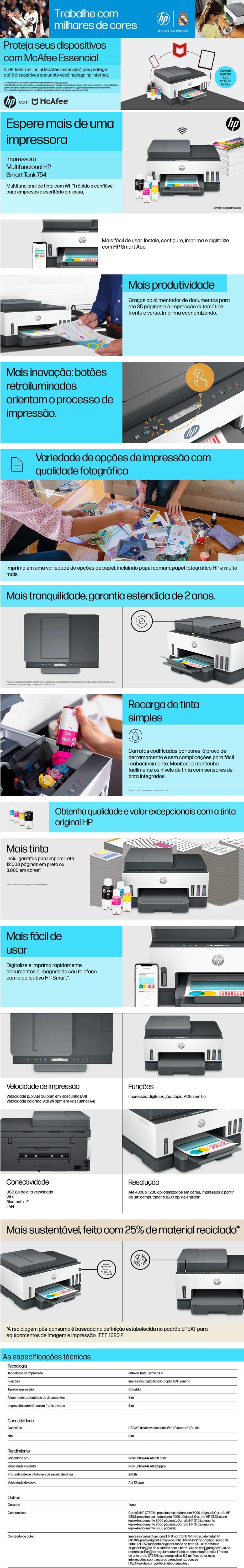 Multifuncional Smart Tanque de Tinta Wireless 754 HP