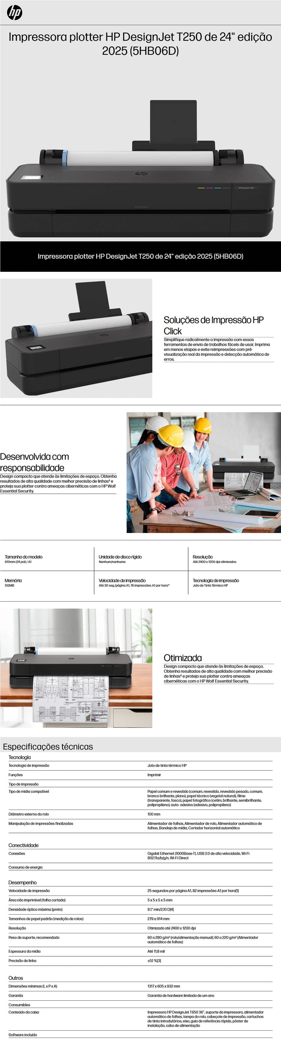 Impressora Plotter Designjet T250 24